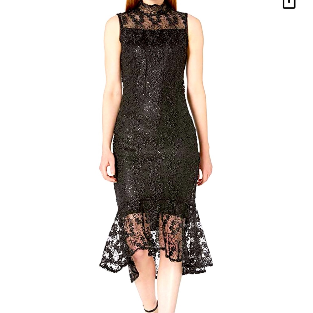 Calvin Klein Women's Sleeveless Mock Neck Lace Midi with Illusion Detail